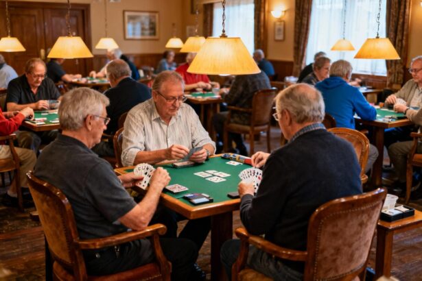 Joueurs de bridge autour d'une table en bois dans un club local, mains de cartes visibles sous une lumière chaude de lampe