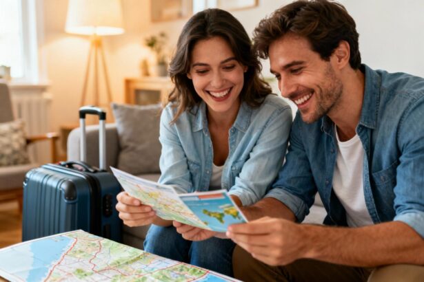 Couple ouvrant des documents de voyage avec des expressions joyeuses, valise et carte visibles en arrière-plan