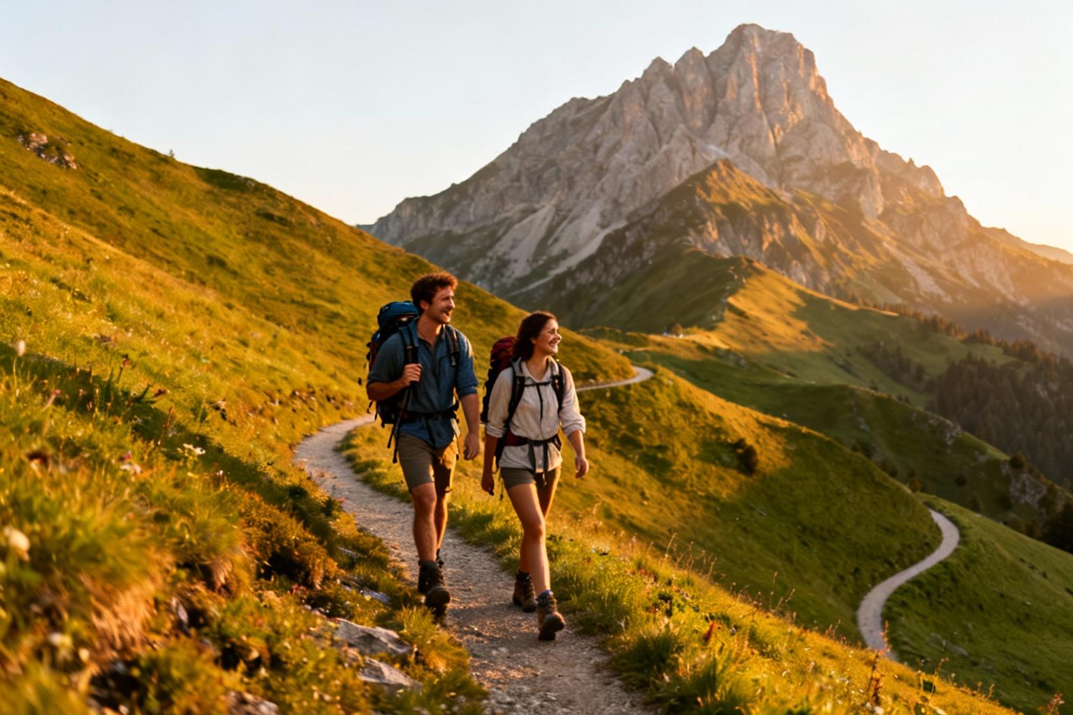 Couple souriant randonnant sur un sentier de montagne avec des collines verdoyantes et une chaîne de montagnes en arrière-plan