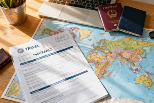 Documents d'assurance voyage posés sur un bureau avec planisphère, passeport et accessoires de voyage, éclairage naturel doux