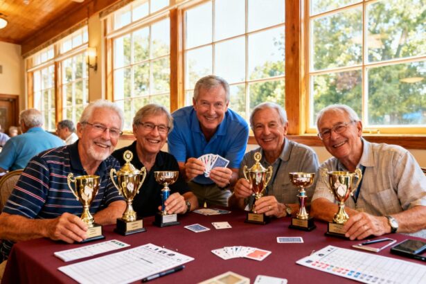 Gagnants du tournoi de bridge célébrant leur victoire avec trophées, cartes et feuilles de scores sur la table