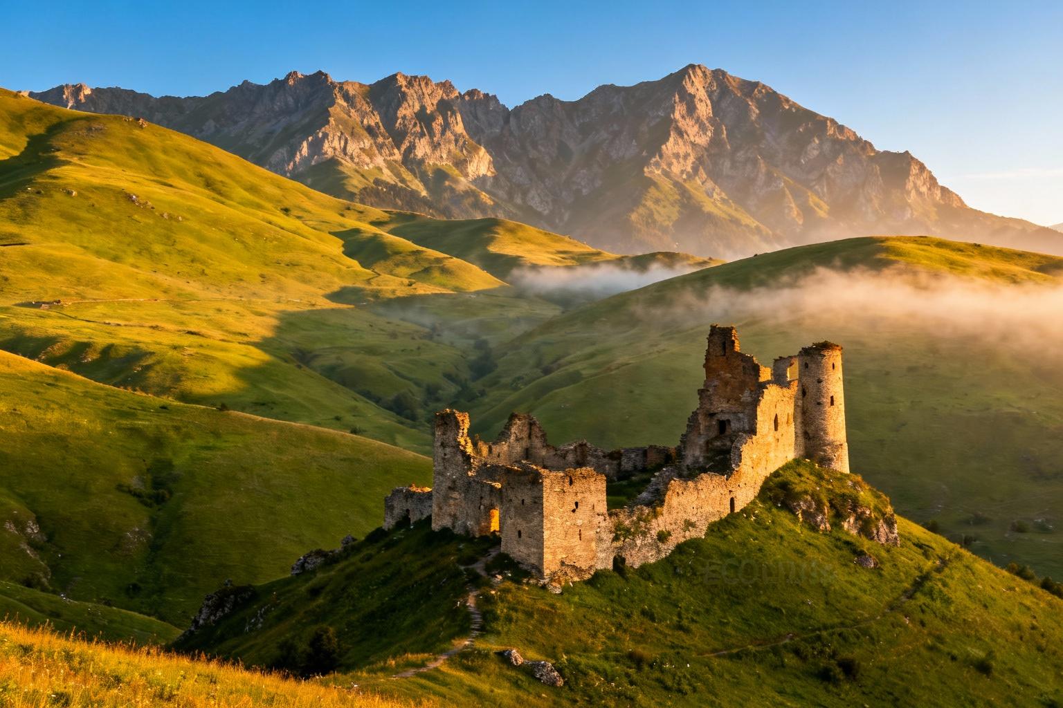 Vue panoramique des Highlands écossais avec collines verdoyantes, montagnes et ruines de château sous une lumière dorée