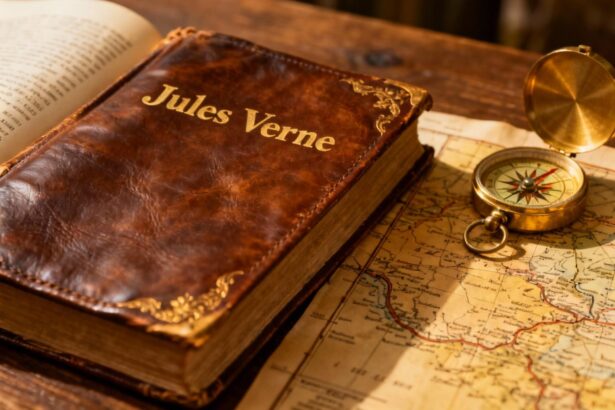 Livre en cuir ancien de Jules Verne ouvert sur une table en bois avec carte vintage et boussole à côté