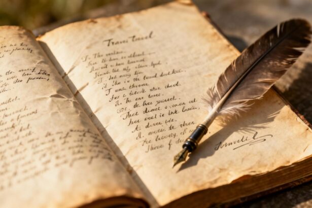 Livre ancien ouvert contenant des poèmes sur le voyage avec une plume posée sur du papier vieilli et des annotations manuscrites