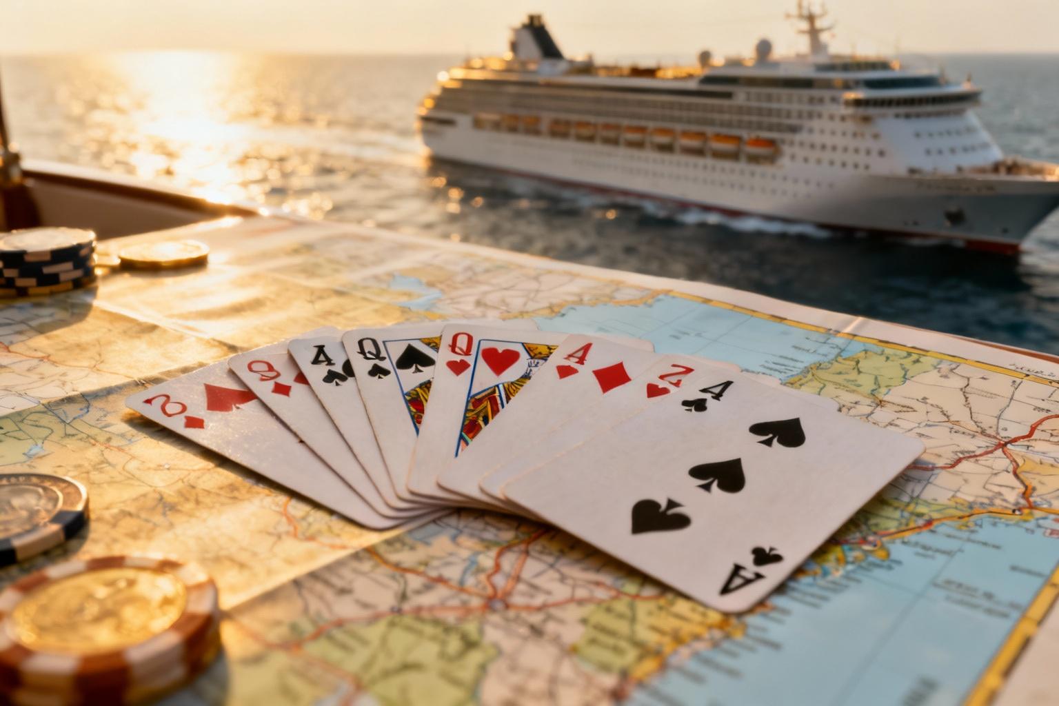 Main de cartes gagnante étalée sur une carte géographique avec un navire de croisière visible en arrière-plan