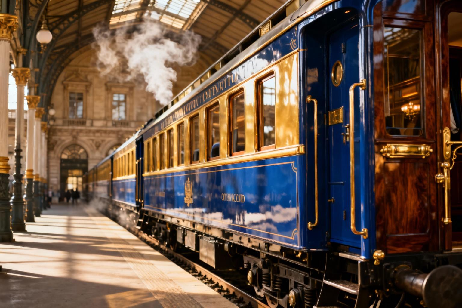 Voiture bleue et or de l'Orient Express arrêtée en gare, détails en bois poli et laiton sous la lumière du matin