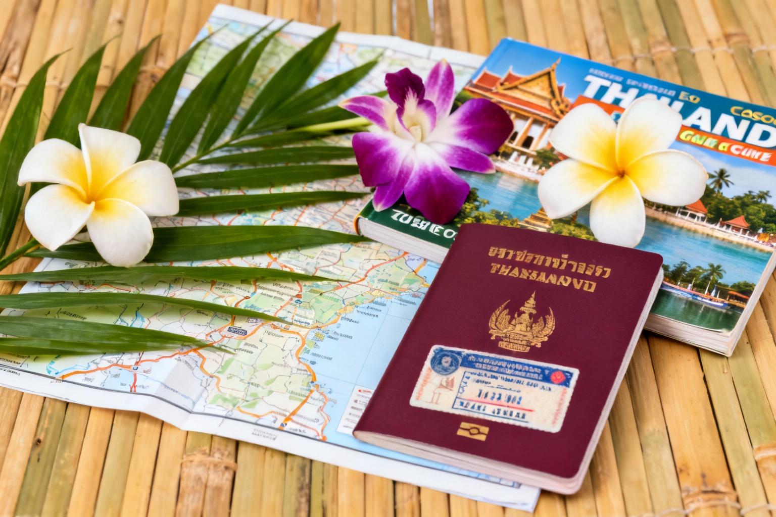 Préparation de voyage pour la Thaïlande montrant un passeport ouvert avec visa, fleurs tropicales, guide et carte sur fond en bambou