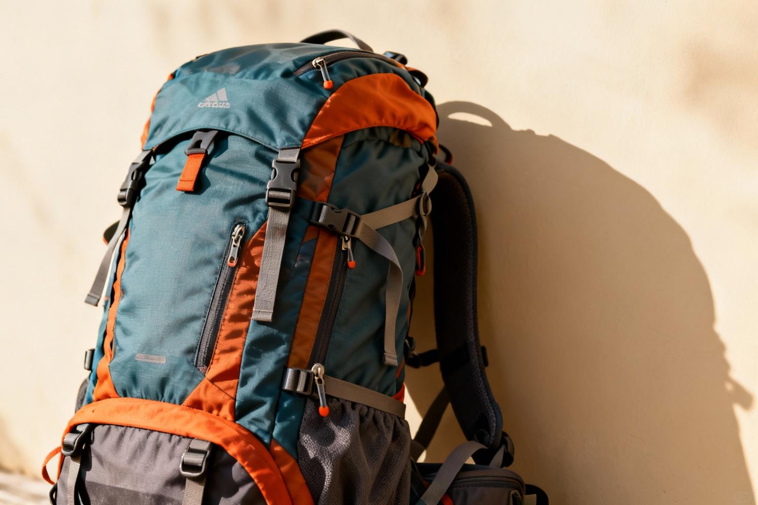 Sac à dos de voyage haut de gamme avec bretelles et fermetures éclair visibles sur fond neutre