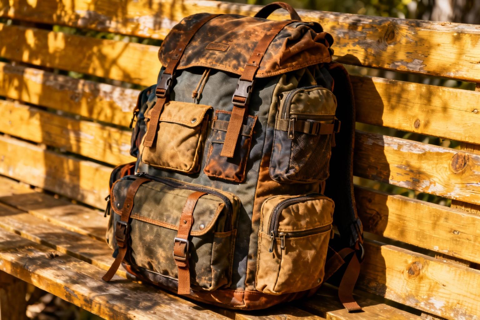 Sac à dos de voyage noir rempli avec compartiments visibles, posé sur une table en bois avec lumière naturelle