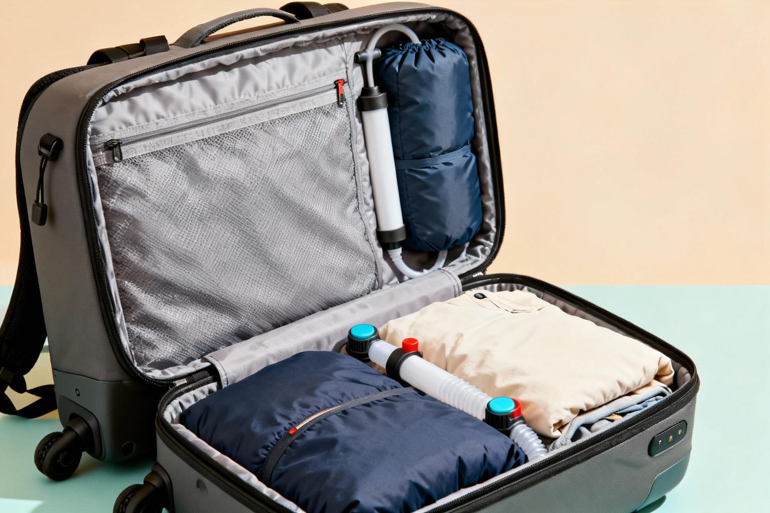 Sac de voyage moderne avec système airbag ouvert montrant des vêtements compressés à l'intérieur, fond pastel