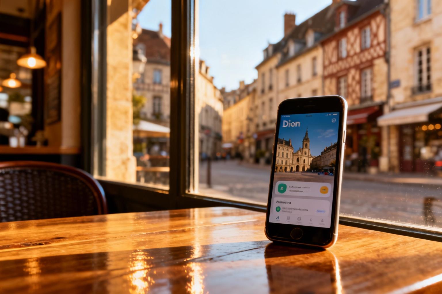 Écran de smartphone affichant l'application de la ville de Dijon posé sur une table de café dans une rue historique