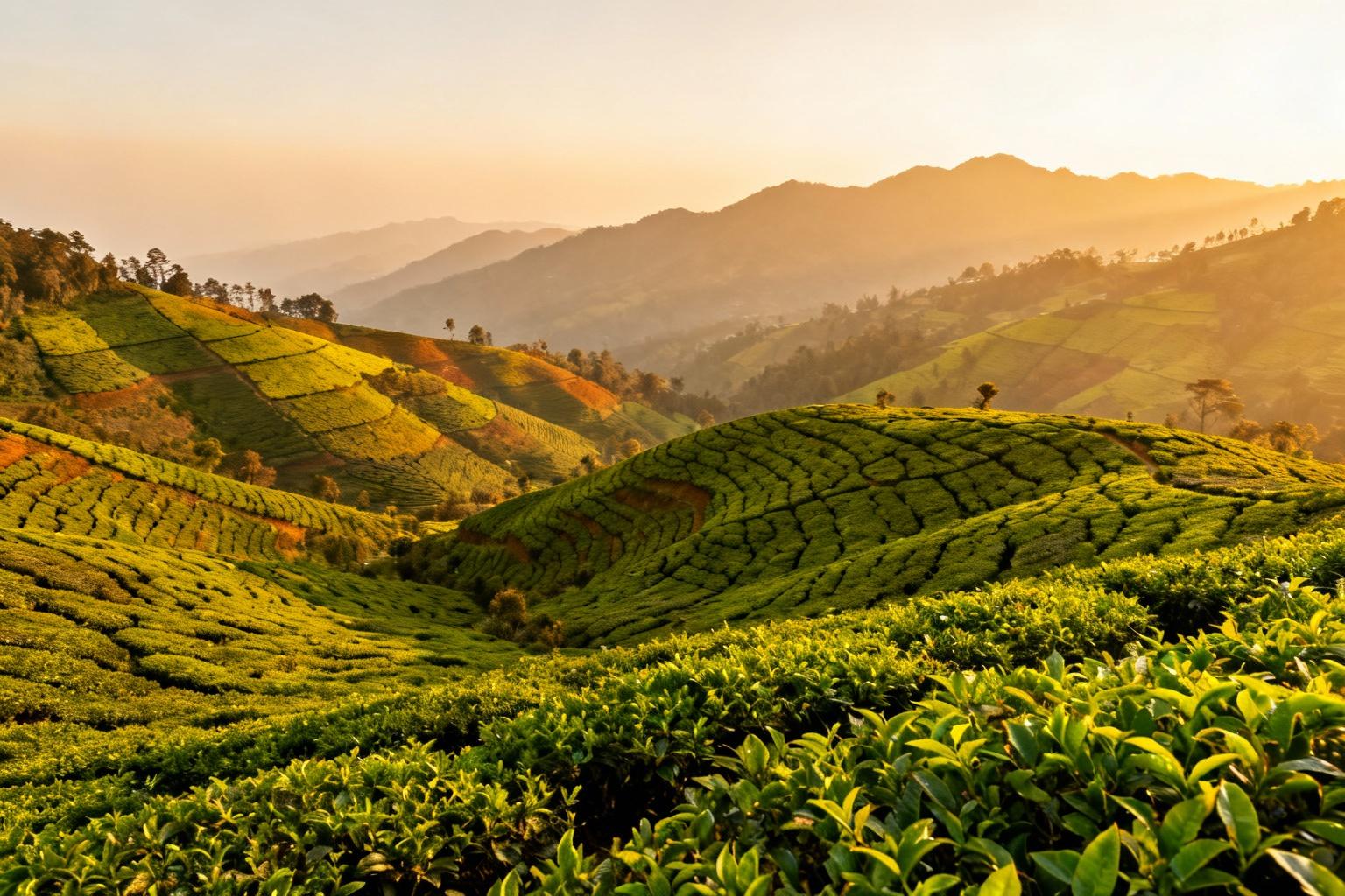Paysage des collines de Nuwara Eliya au Sri Lanka avec plantations de thé vert et montagnes au coucher de soleil