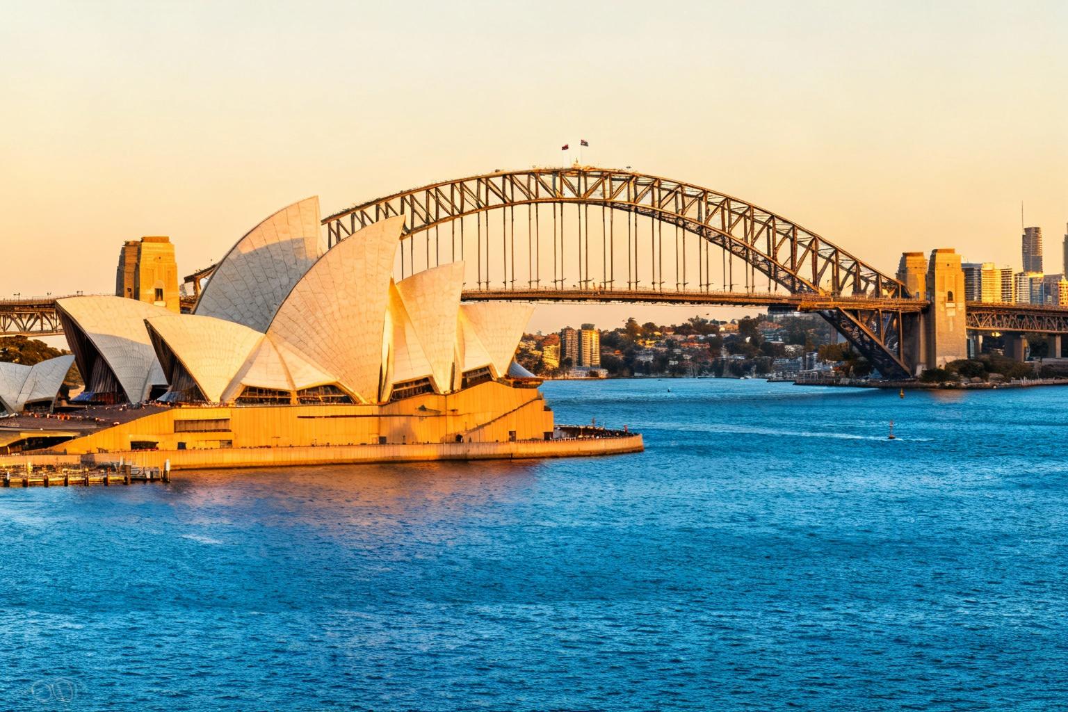 Sydney Opera House avec Harbour Bridge en arrière-plan sous une lumière dorée, eau bleue vibrante et ciel chaud