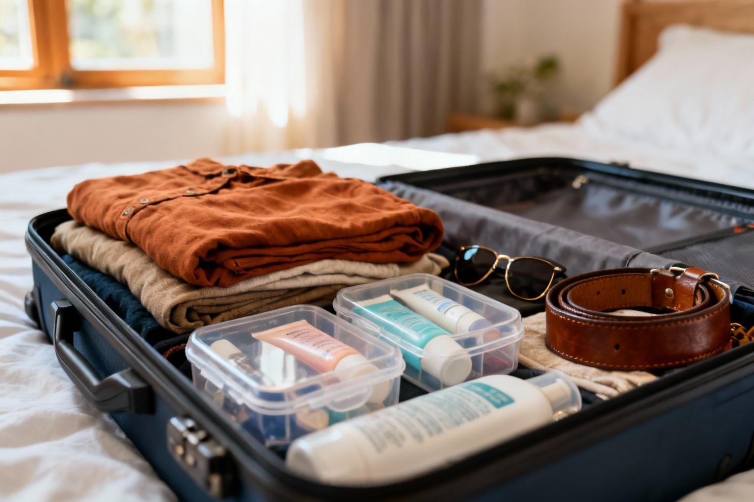 Valise ouverte sur un lit avec vêtements, produits de toilette et accessoires de voyage soigneusement rangés