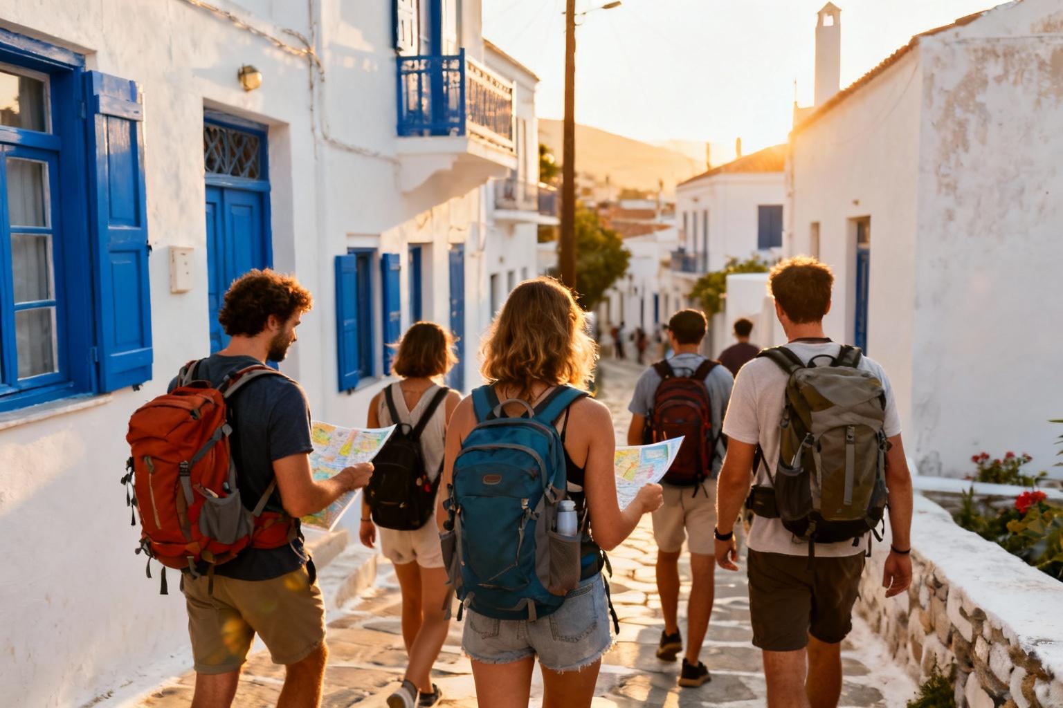 Groupe diversifié de voyageurs avec sacs à dos marchant dans les ruelles d'un village grec aux maisons blanches et volets bleus