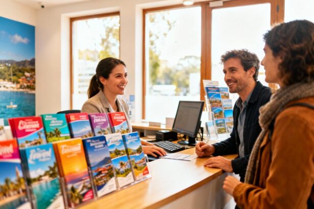 Consultant souriant aidant des clients devant un comptoir d'agence de voyage moderne avec brochures colorées