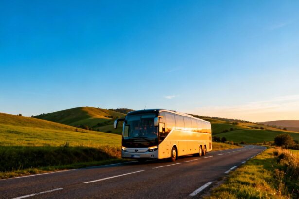 Autocar de tourisme moderne circulant sur une route de campagne française entourée de collines verdoyantes sous un ciel bleu