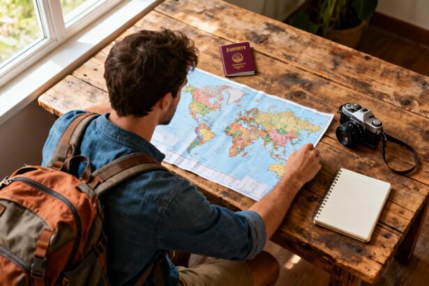 Backpacker studying a world map on wooden table with travel essentials like passport and camera nearby