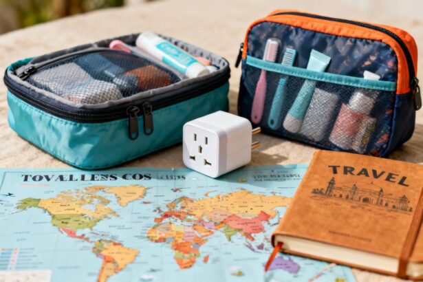 Accessoires de voyage pratiques comme cubes de rangement et adaptateur universel avec carte du monde et carnet de voyage