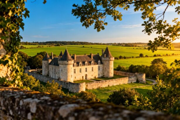Château médiéval de la Flocellière entouré de champs verts sous un ciel bleu en Vendée