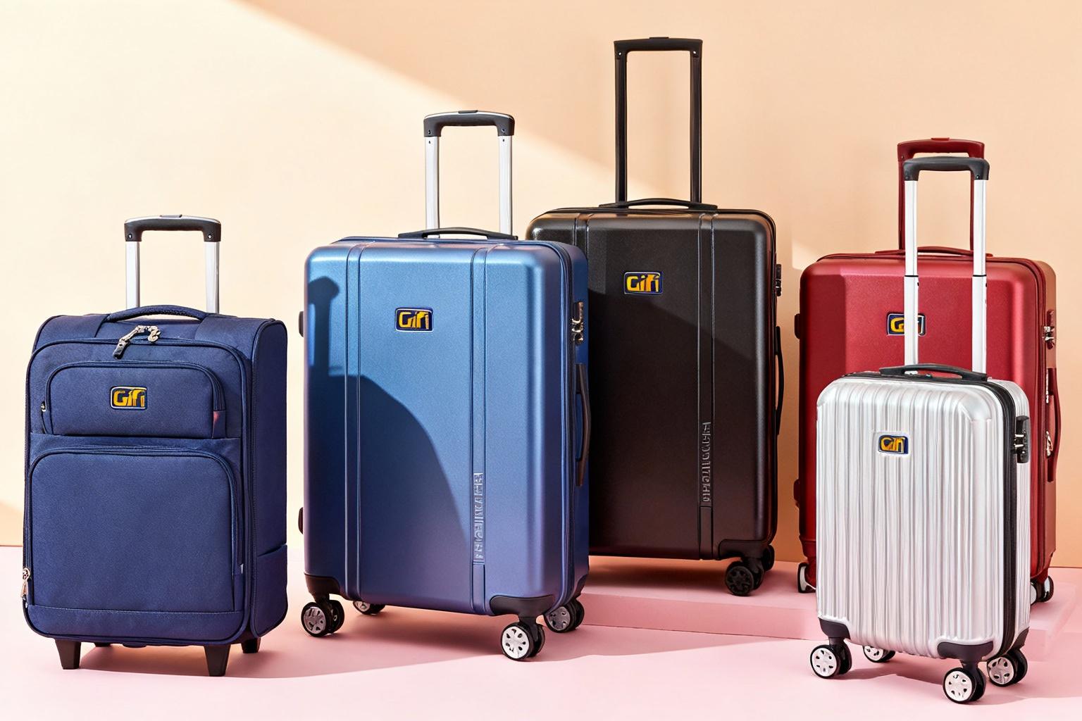 Collection de sacs de voyage Gifi avec différents modèles présentés sur fond pastel, montrant les détails comme roues et poignées