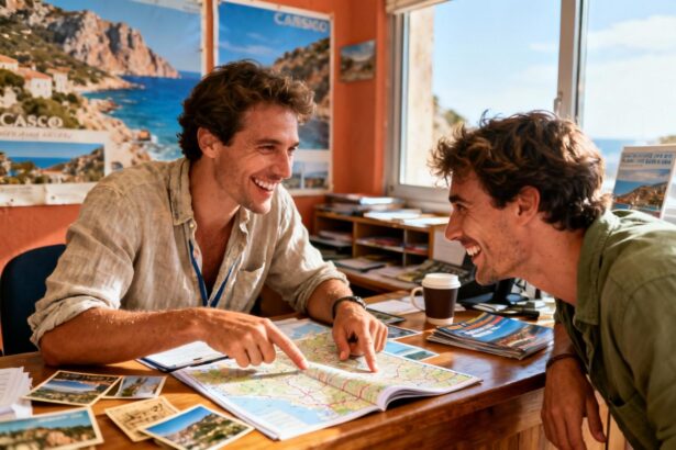 Conseiller voyage souriant aidant des clients dans une agence à Bastia, brochures et cartes sur le bureau