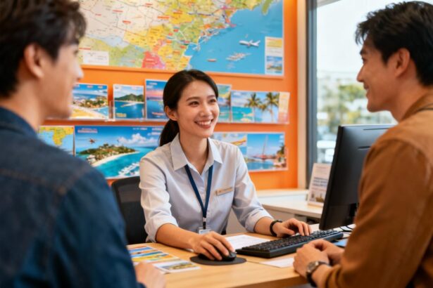 Conseiller voyage souriant discutant avec des clients dans une agence moderne à Belleville, ambiance chaleureuse et professionnelle
