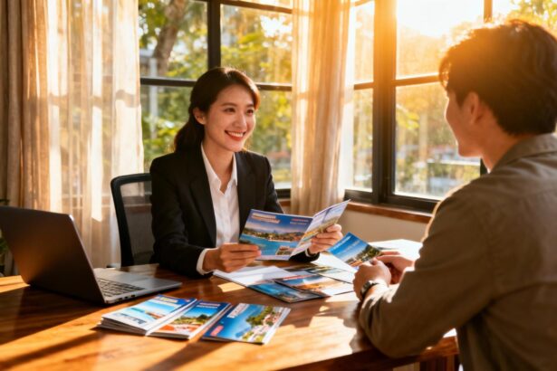 Conseiller en voyage souriant montrant des brochures à des clients dans un bureau chaleureux avec lumière naturelle