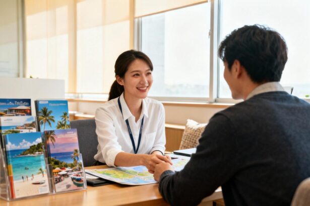 Conseiller voyage souriant discutant avec un client devant des brochures de vacances dans une agence lumineuse à Colombes