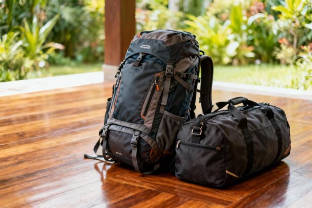 Grand sac à dos de voyage et sac de sport posés côte à côte sur un sol en bois avec éclairage naturel