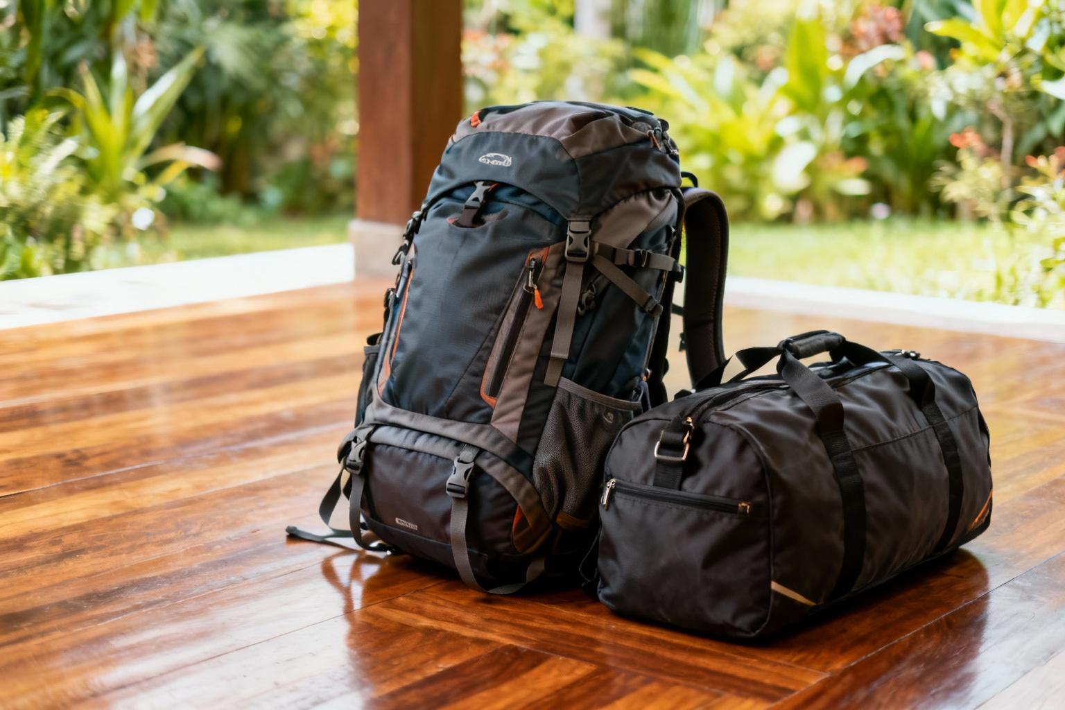 Grand sac à dos de voyage et sac de sport posés côte à côte sur un sol en bois avec éclairage naturel