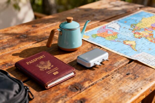 Accessoires de voyage colorés disposés sur une table en bois rustique, incluant porte-passeport, bouilloire miniature et batterie externe
