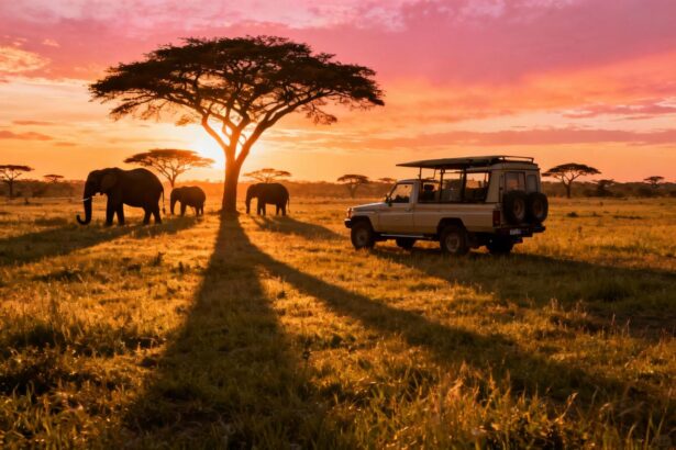 Jeep de safari arrêtée dans la savane africaine avec des éléphants au coucher du soleil et des acacias en silhouette