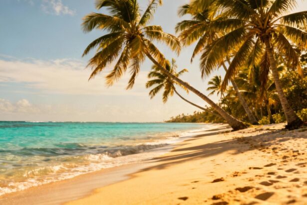Plage paradisiaque de Guadeloupe avec sable doré, eaux turquoise et palmiers sous un ciel bleu