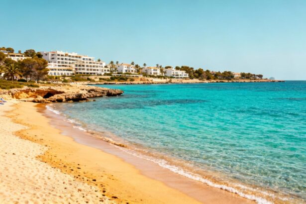 Plage de sable doré à Majorque avec eaux turquoise claires et resort élégant en arrière-plan sous lumière naturelle