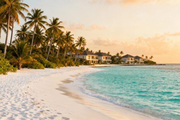Plage de sable blanc en Thaïlande avec eau turquoise, palmiers et villas de luxe en arrière-plan sous une lumière dorée