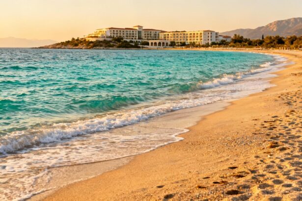 Plage immaculée de la Riviera albanaise avec eaux turquoises et complexe hôtelier en arrière-plan sous une lumière dorée