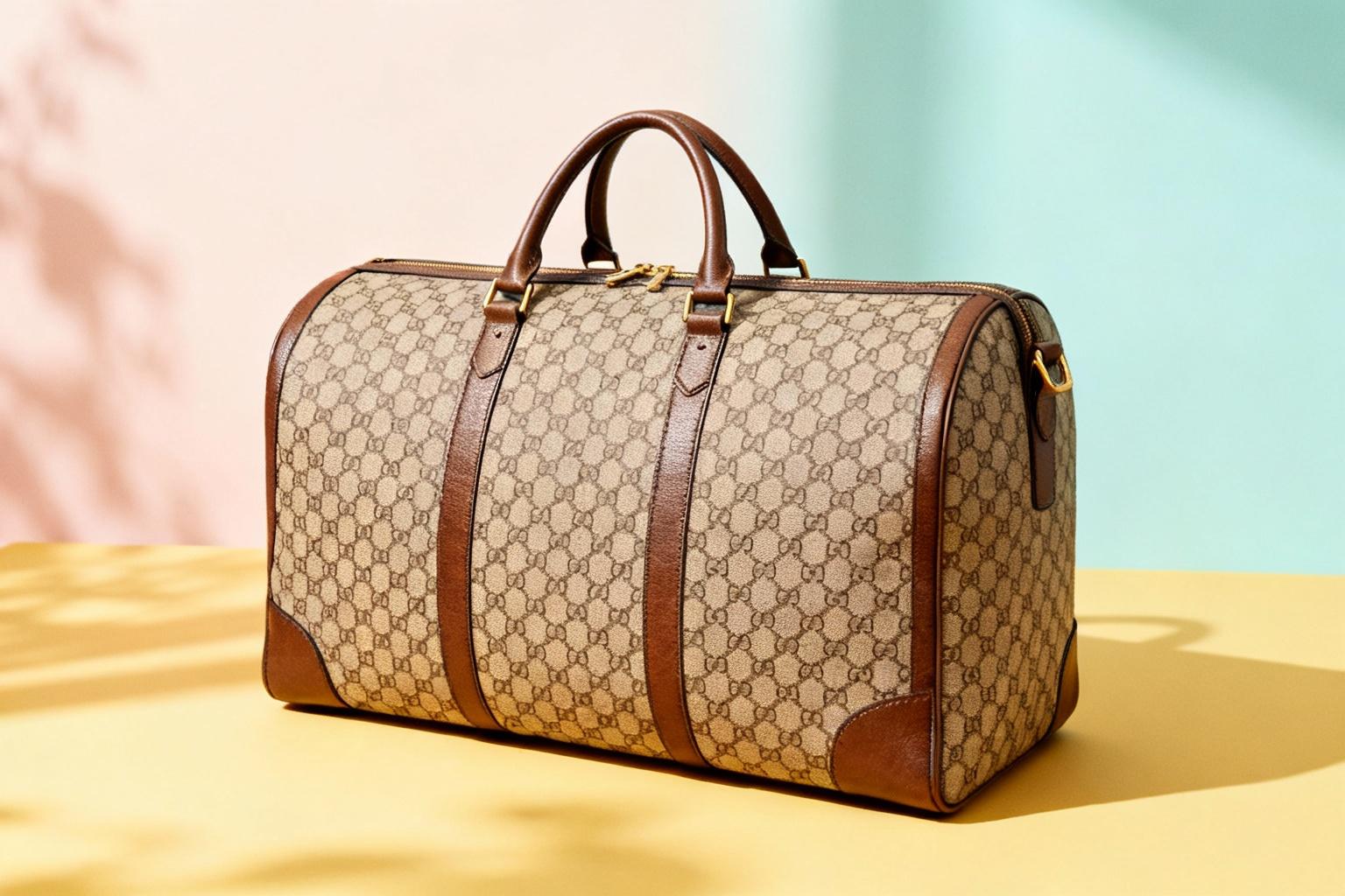 Sac de voyage Gucci en toile GG Supreme avec poignées élégantes posé sur fond pastel, éclairage naturel chaud