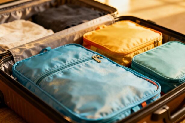 Cubes organisateurs de voyage de différentes tailles et couleurs rangés dans une valise ouverte