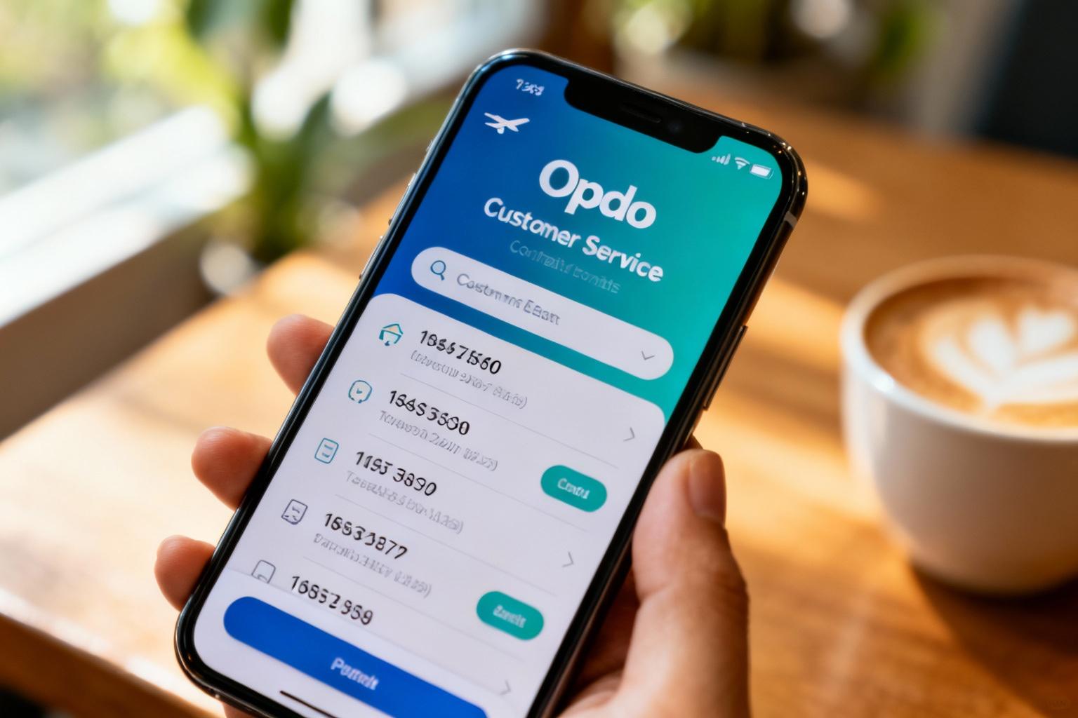 Smartphone montrant l'application Opodo avec différentes options pour contacter le service client, éclairé par une lumière naturelle douce