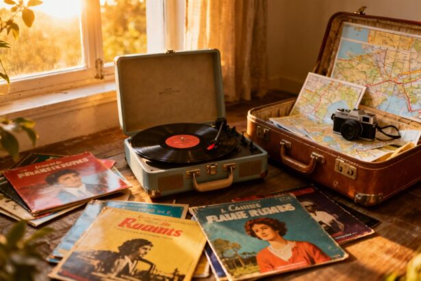 Tourne-disque vintage entouré de disques de musique française et d'accessoires de voyage comme des cartes et un appareil photo