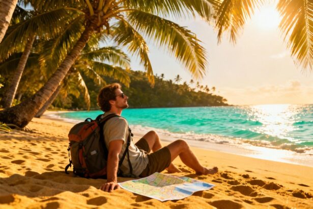 Voyageur assis sur une plage de sable doré avec palmiers, sac à dos et carte à proximité, eau turquoise et lumière dorée du coucher de soleil