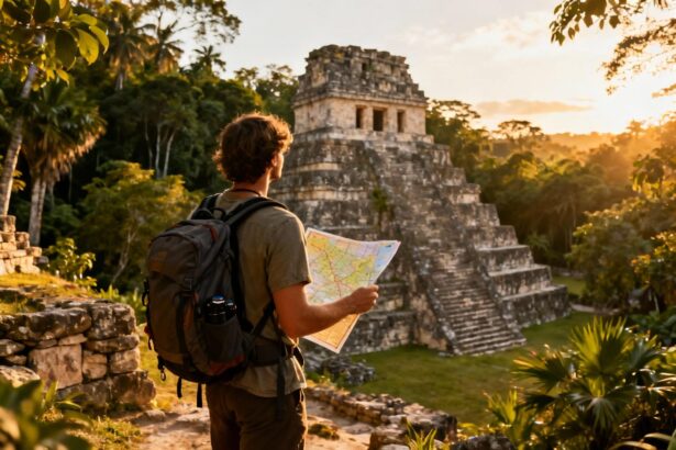 Voyageur avec sac à dos et carte à la main découvrant des ruines mayas entourées de jungle sous une lumière dorée