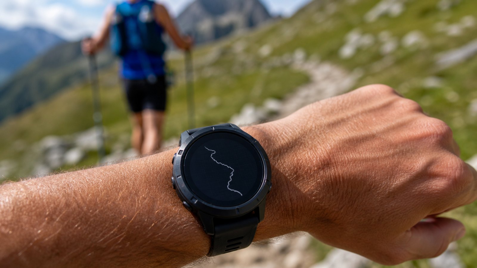Coureur de trail consultant une montre GPS sur un sentier de montagne