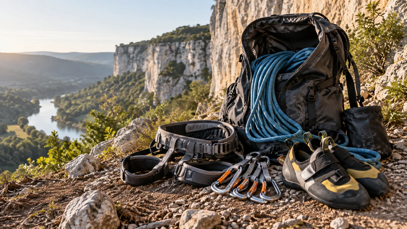 Sac d’escalade ouvert avec corde et matériel au pied d’une falaise